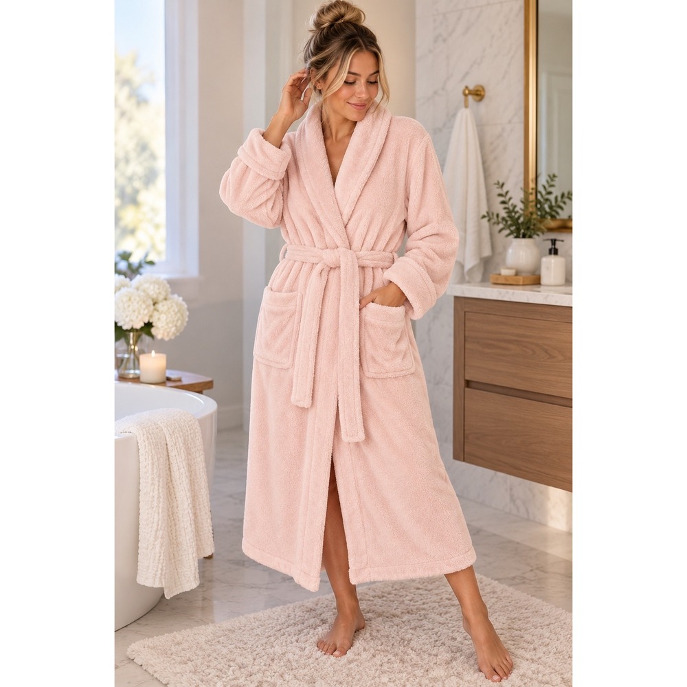 Womens L/XL Plush Spa Robe Pink Belted Shawl Collar Cozy Lounge Bathrobe